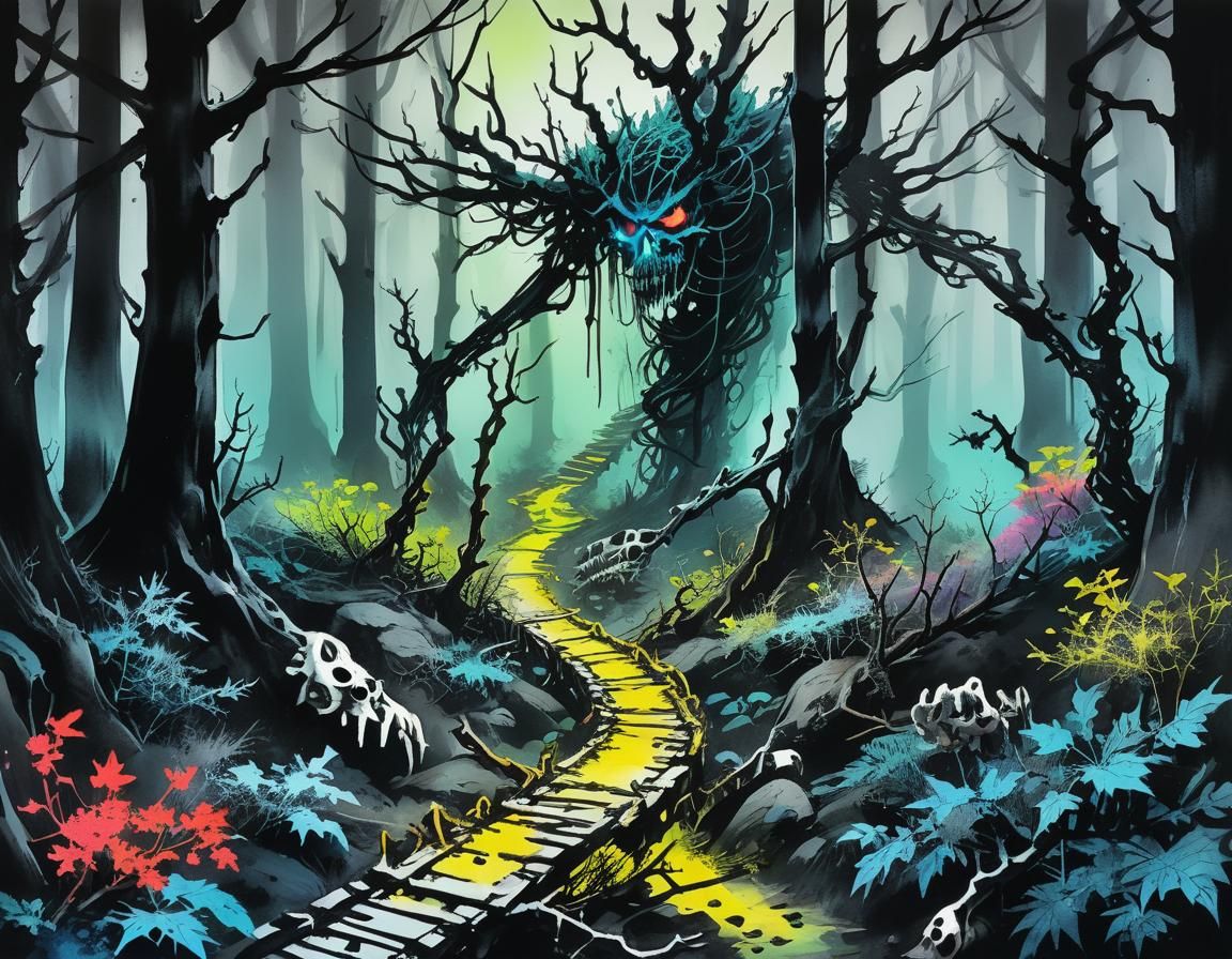 Grimdark Forest Path in Chinese Ink Painting