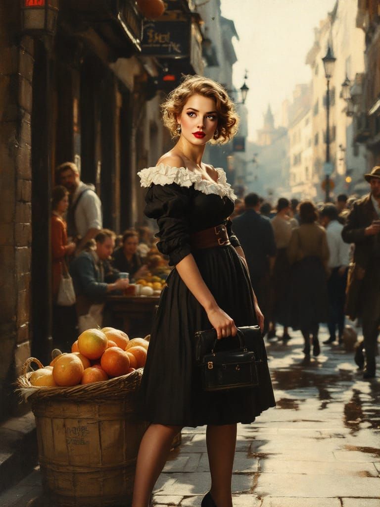Pin-Up Woman on City Sidewalk in Golden Hour Glow