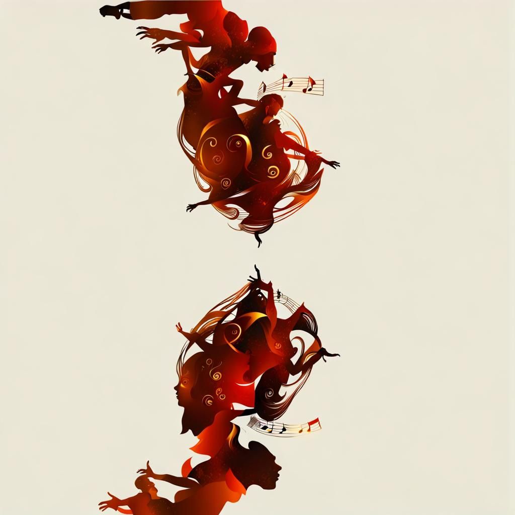 Golden Dancer Silhouette with Musical Swirls