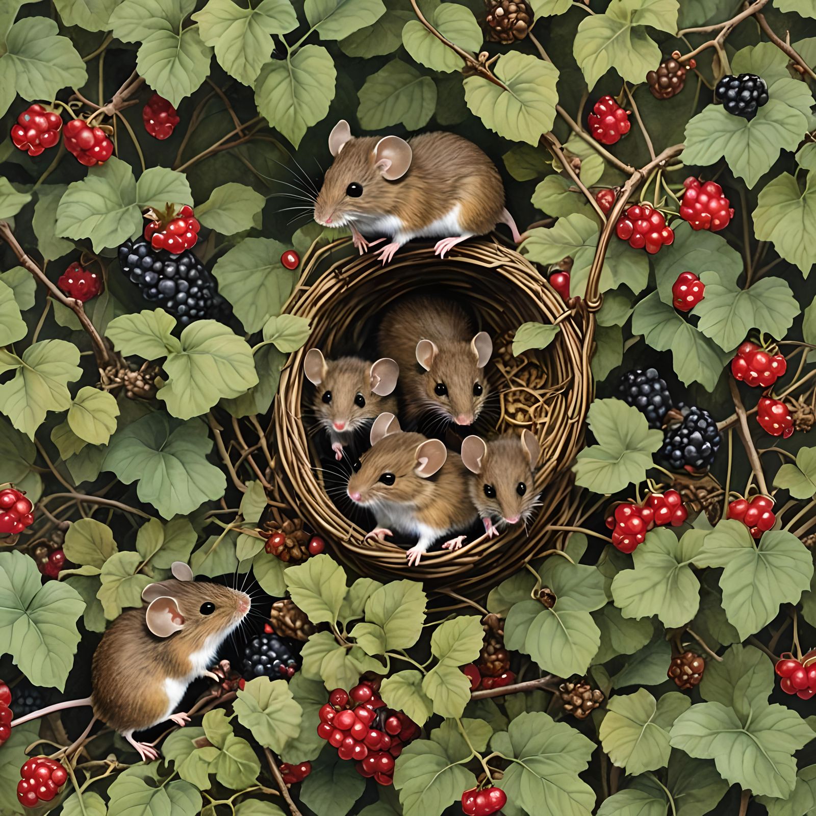 Harvest Mice Berry Picking in Watercolour Style