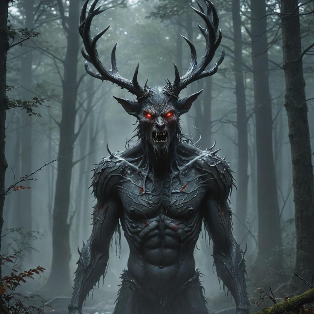 Menacing Wendigo in Misty Forest, as Digital Art