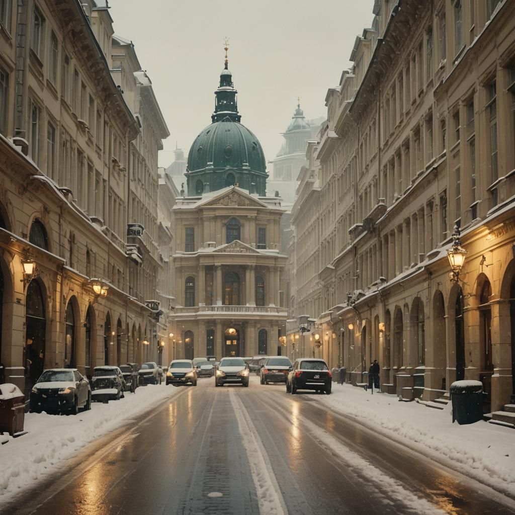 Snowy European Cityscape with Ornate Stone Columns