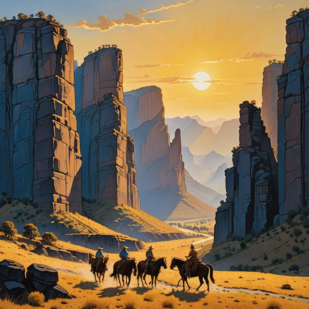 Cowboy Leads Cattle Along Ancient Wall in Sunset Landscape