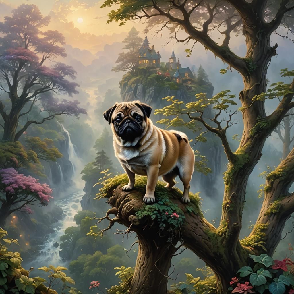 Lost Pug in Tree: Ethereal Fantasy Art