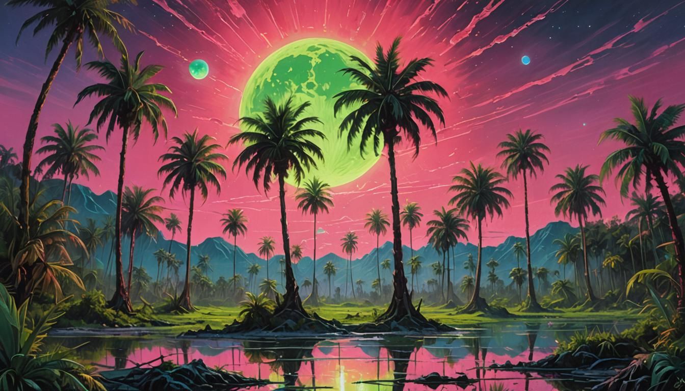 Alien Palm Trees at Sunset as Oil Painting