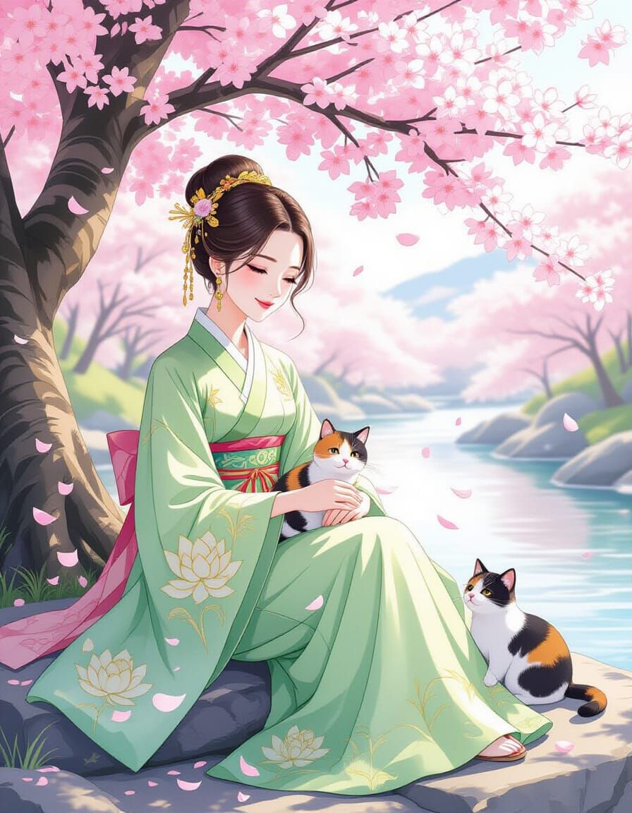 Elegant Woman with Calico Cat Under Cherry Blossoms
