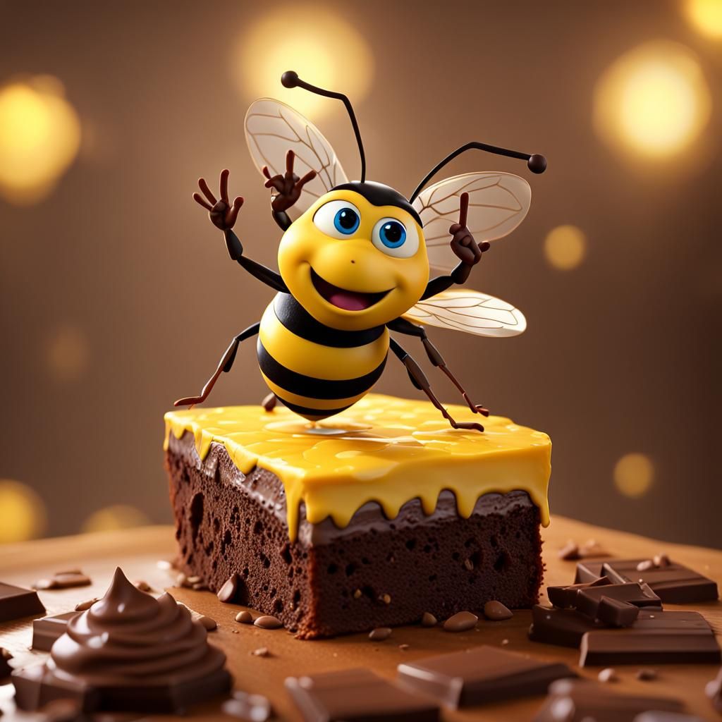 full body pixar bee flying up a beautiful brownie of chocola...