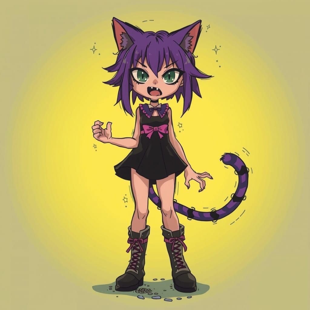 Whimsical Goth Neko Girl Crouches, Exaggerated Meow and Claw...