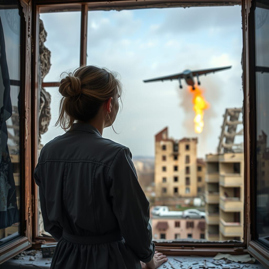 Terrified Ukrainian Woman Looks Out from Ruined Building