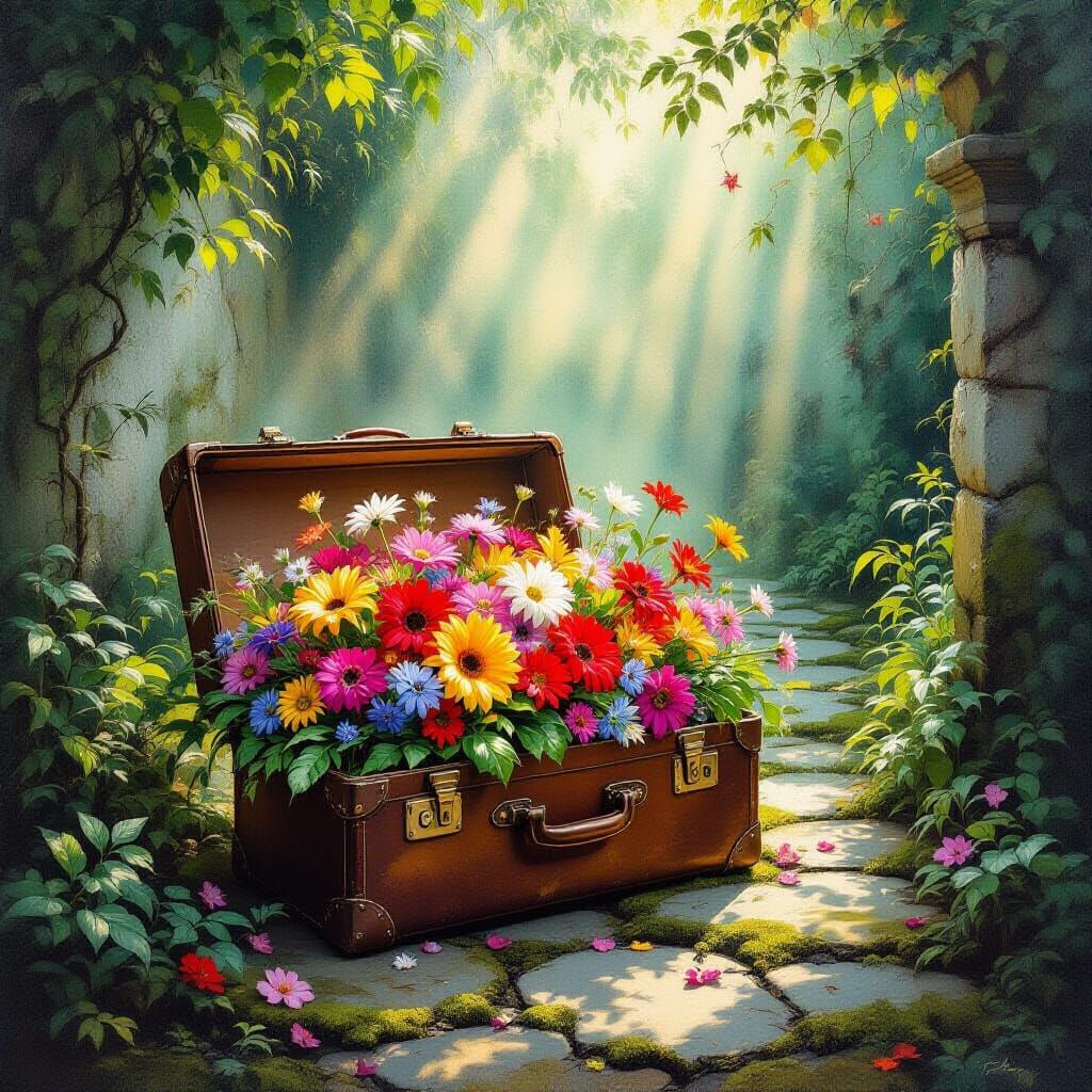 Suitcase Overflowing with Flowers in Ancient Garden