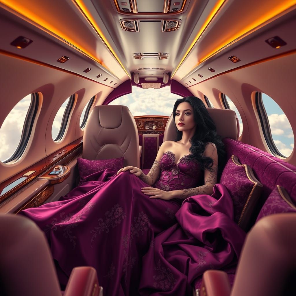 Luxury Airplane Interior in Rich Plum Purple and Gold
