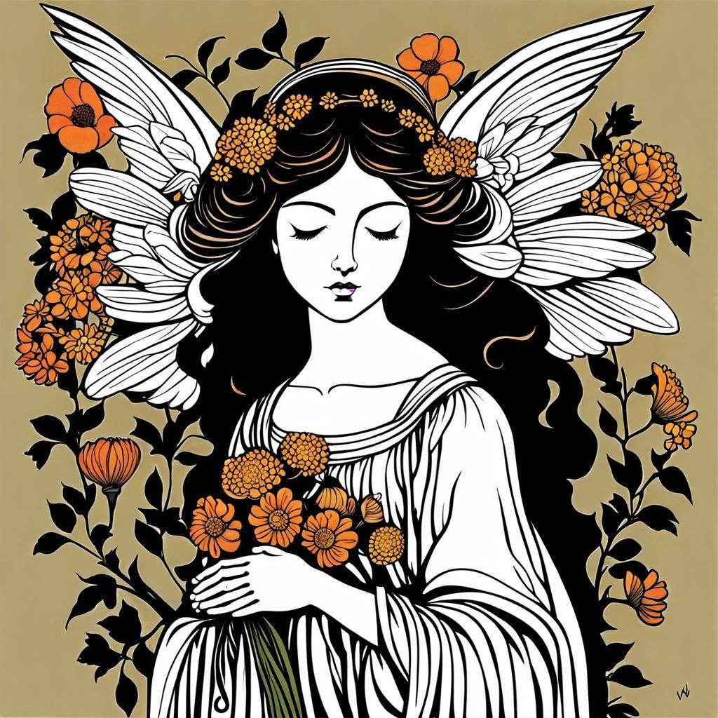 Elegant Flower Angel Ink Drawing