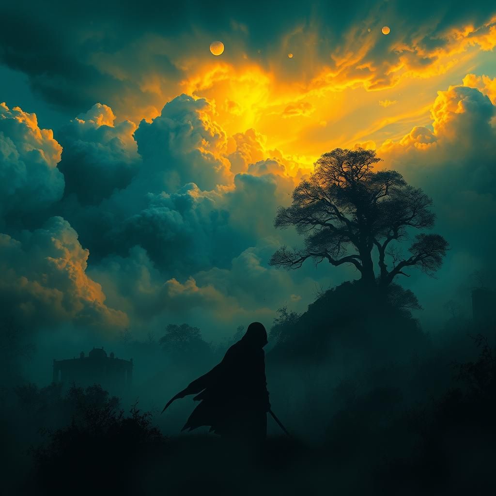 Brooding Figure in Dreamlike Fantasy Landscape