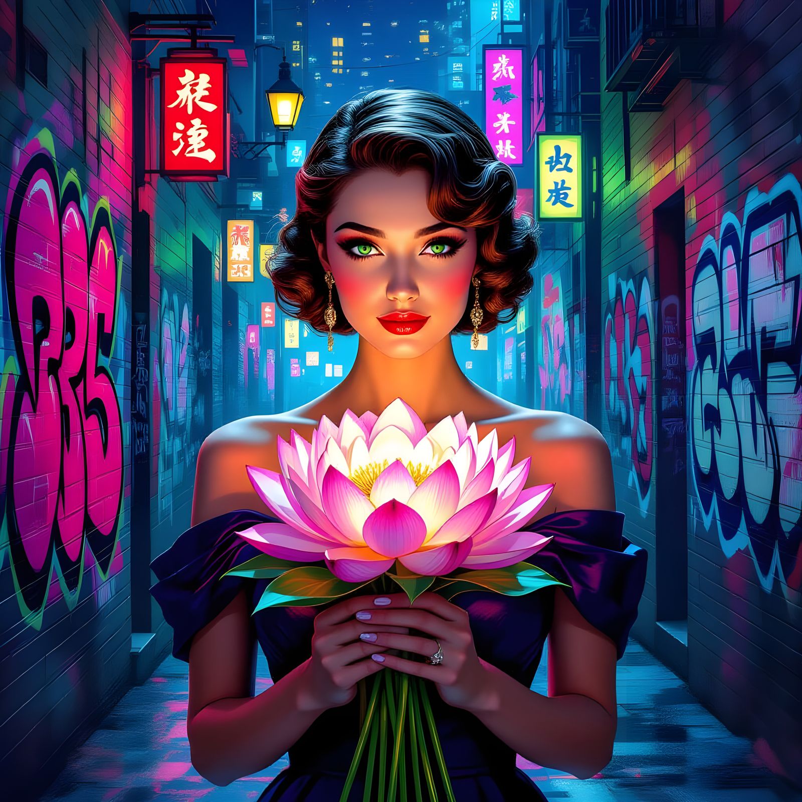 Surreal Woman with Luminous Flowers in Neon Alley