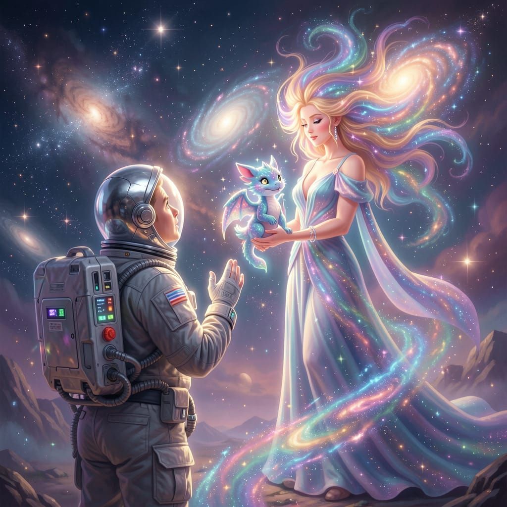Astronaut Encounters Celestial Goddess and Cosmic Creature