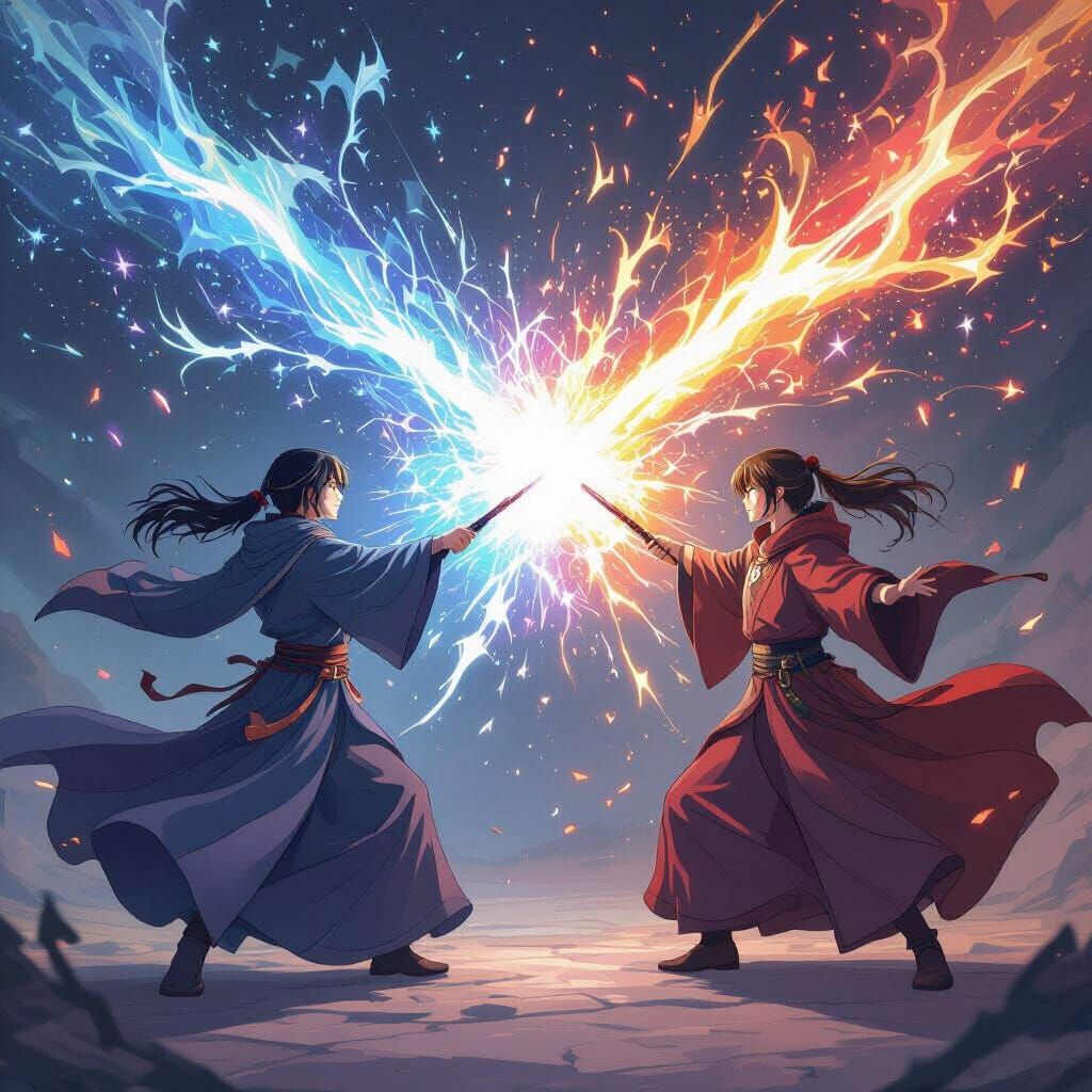 Magical Duel: Wand Users in Vibrant Beam Struggle