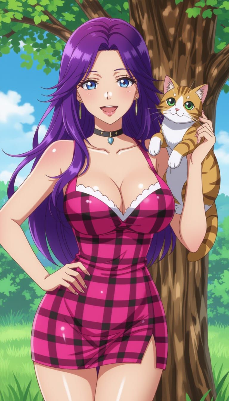 Woman Rescues Cat From Tree in Plaid Minidress