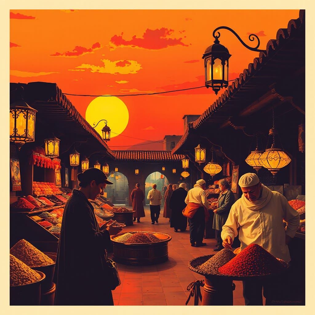 Moroccan Spice Market at Sunset in Art Nouveau Style