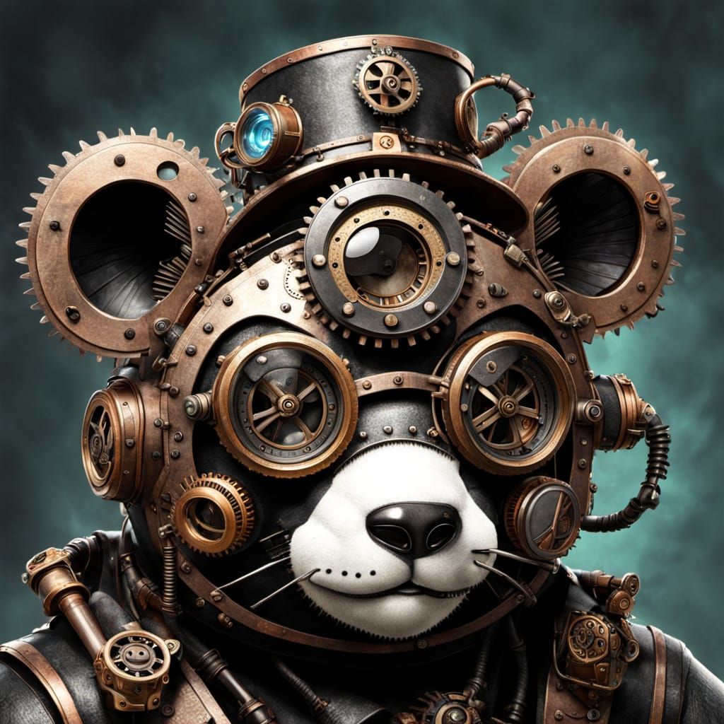 A close up of a Steampunk panda