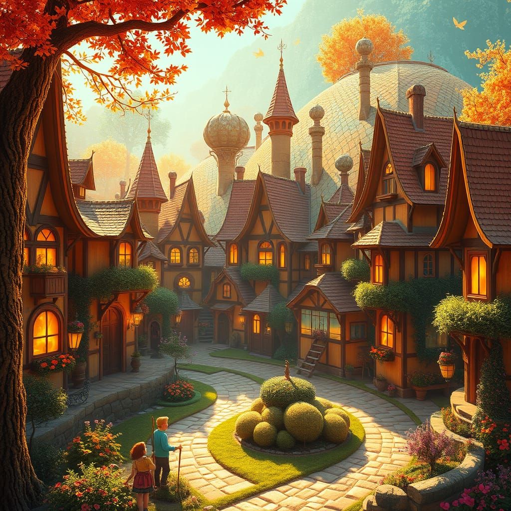 Whimsical Fairytale Village in Art Nouveau Style