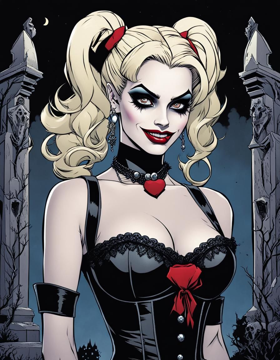 Gothic Harley Quinn in Graveyard, Digital Art