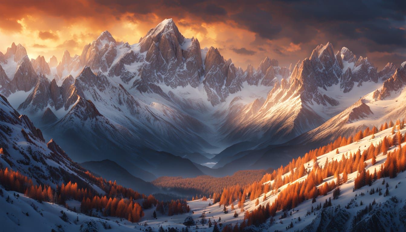 Majestic Mountain Range at Sunset in Digital Art