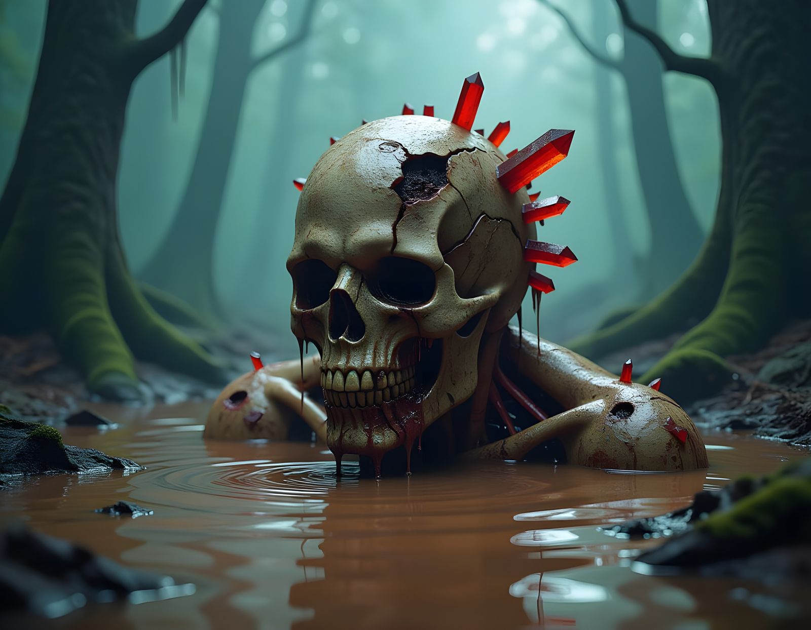 Nightmarish Crystal Entity Dissolving in Dark Forest