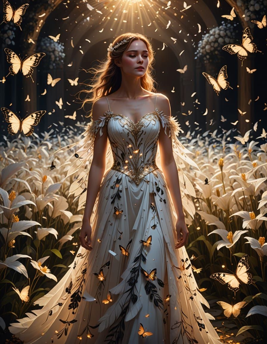 Elegant Woman in White Gown with Musical Notes