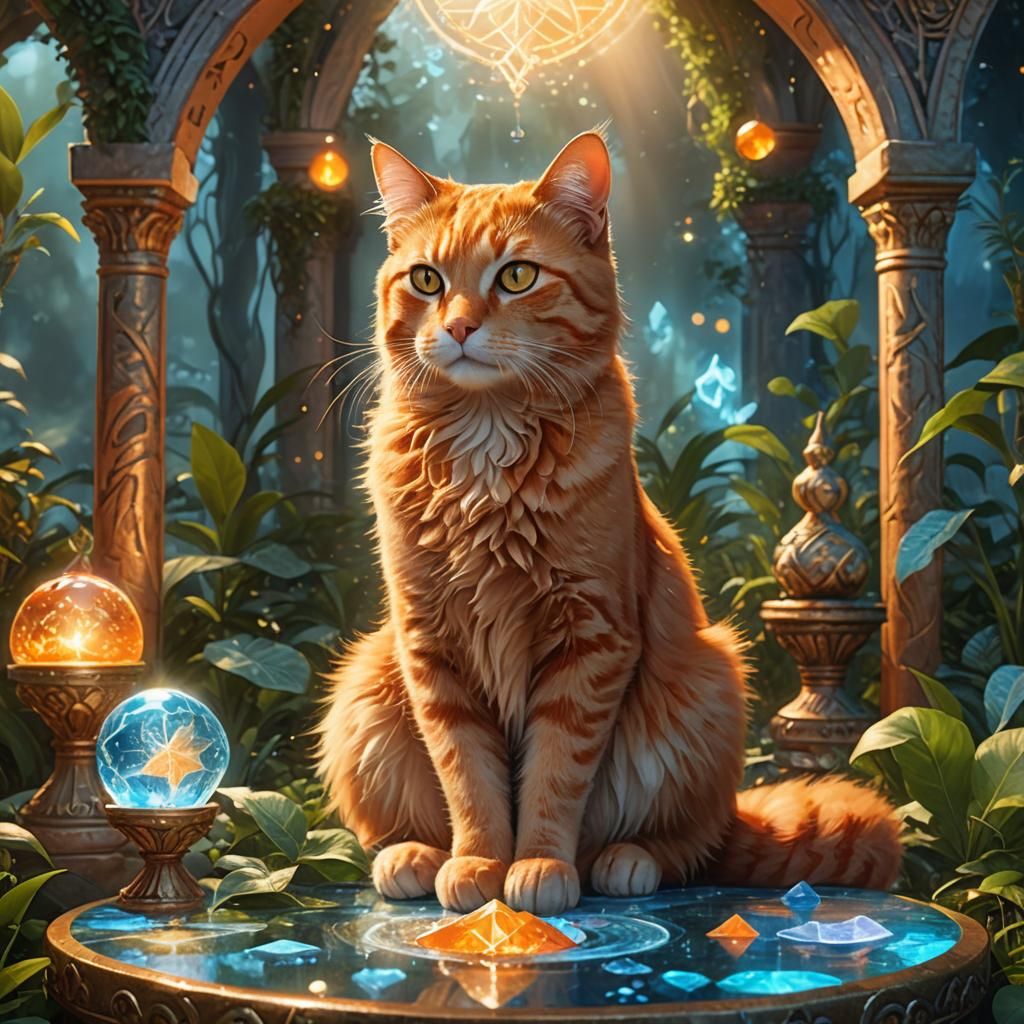 Serene Orange Cat Meditating in Fantasy Landscape