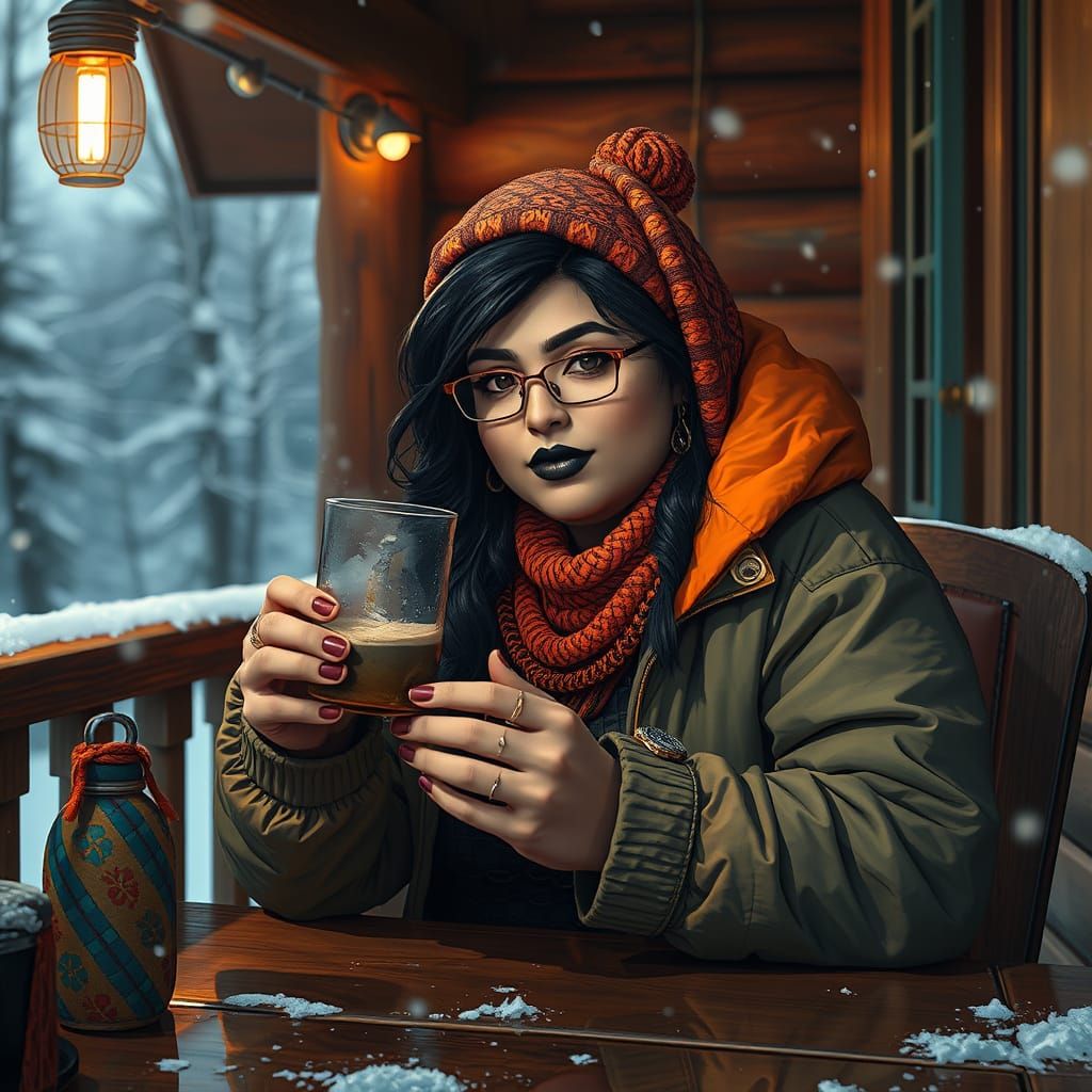 Goth Woman Sipping Coffee: Hyperdetailed Winter Portrait