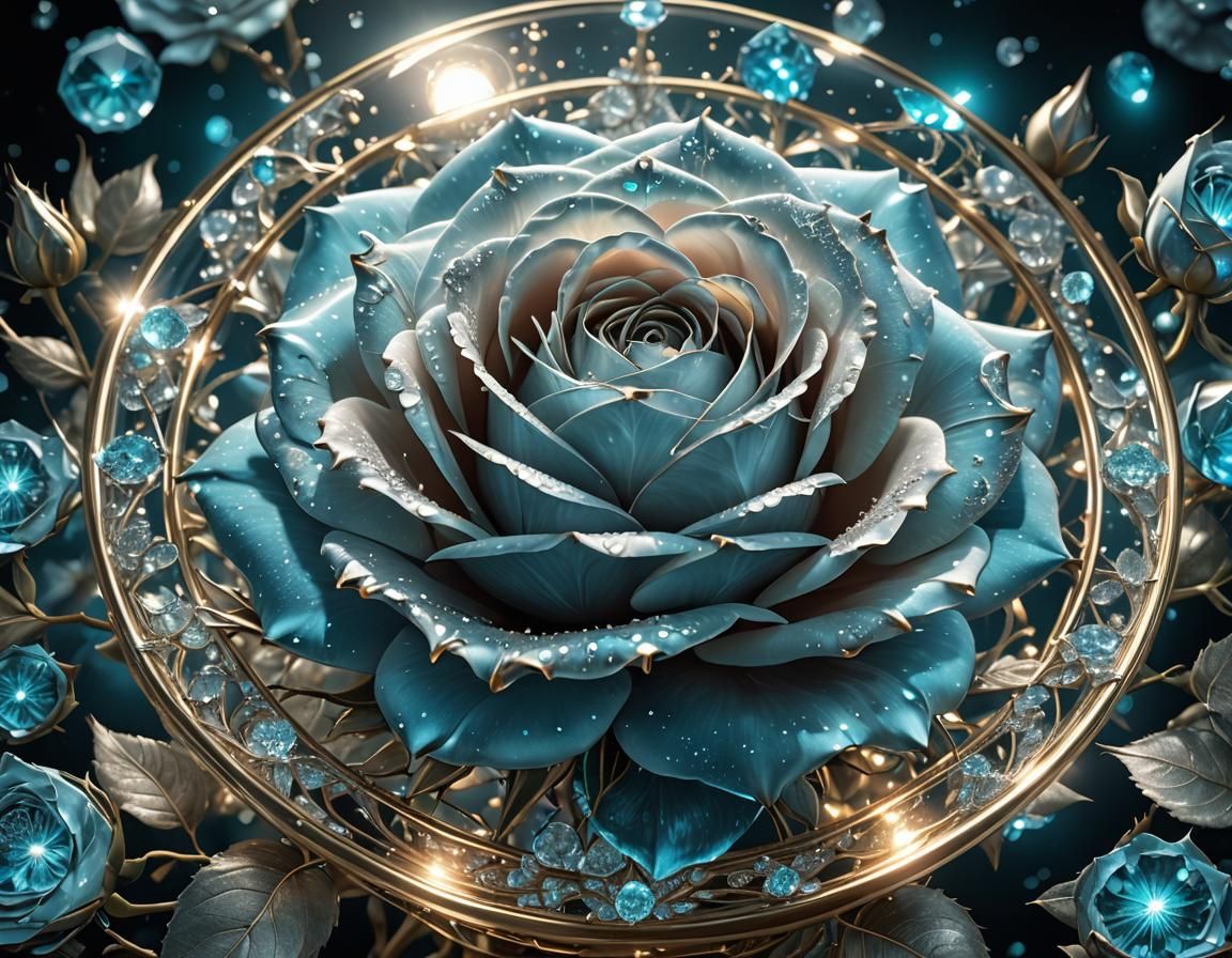 Cyan Constellation Rose Surrounded by Crystal Roses