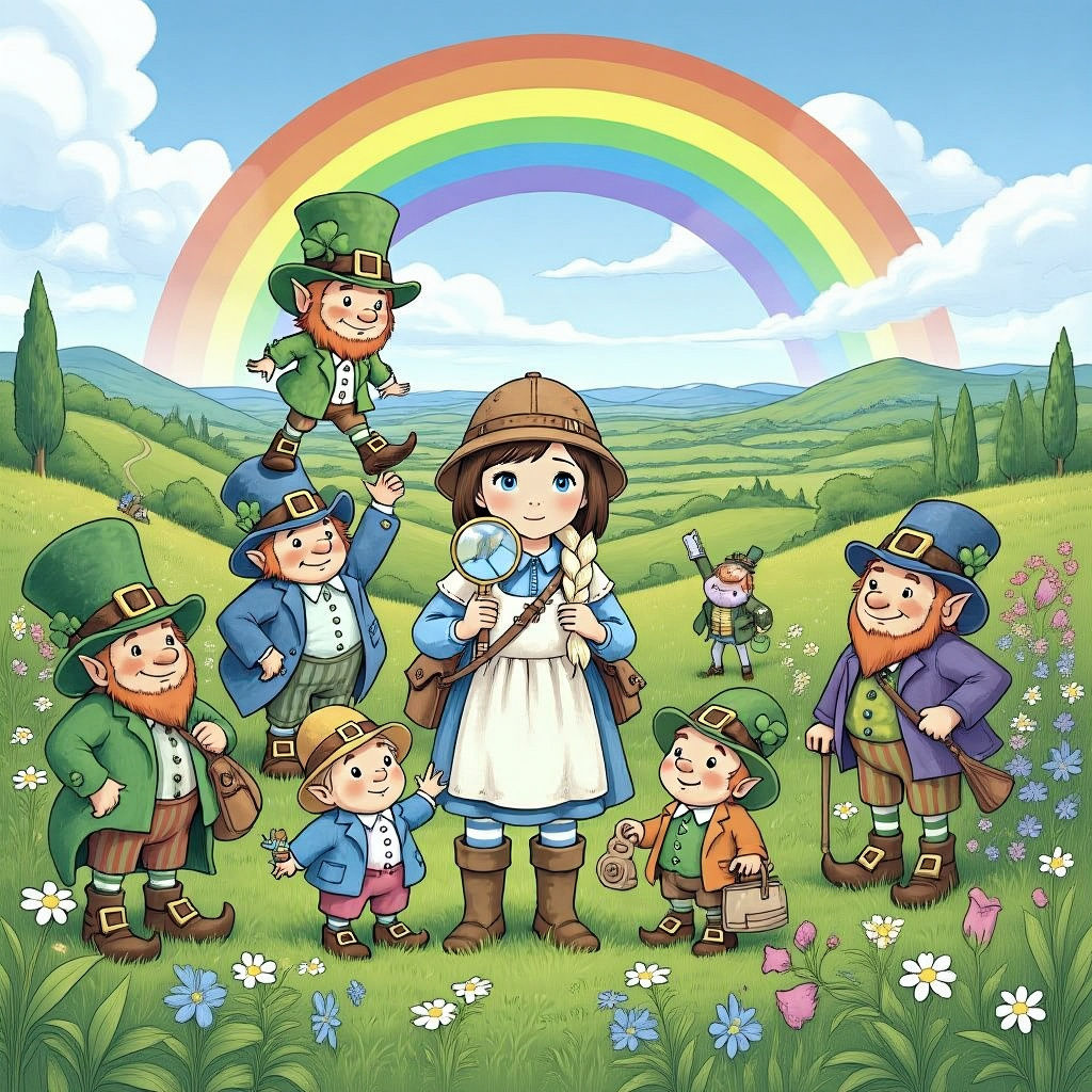 Girl Explorer with Leprechauns in Whimsical Irish Landscape