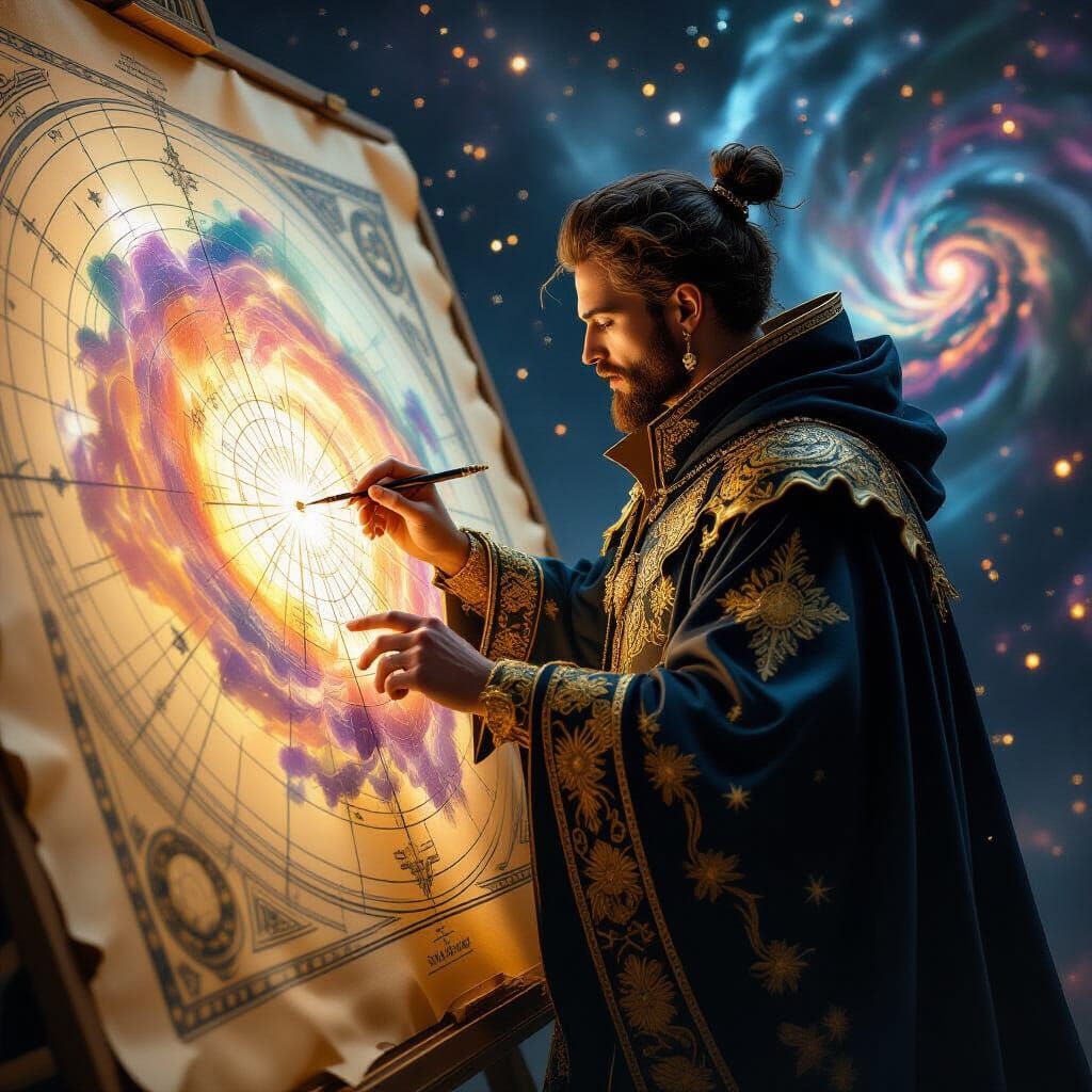 Celestial Cartographer Maps Nebulae in Baroque Digital Art