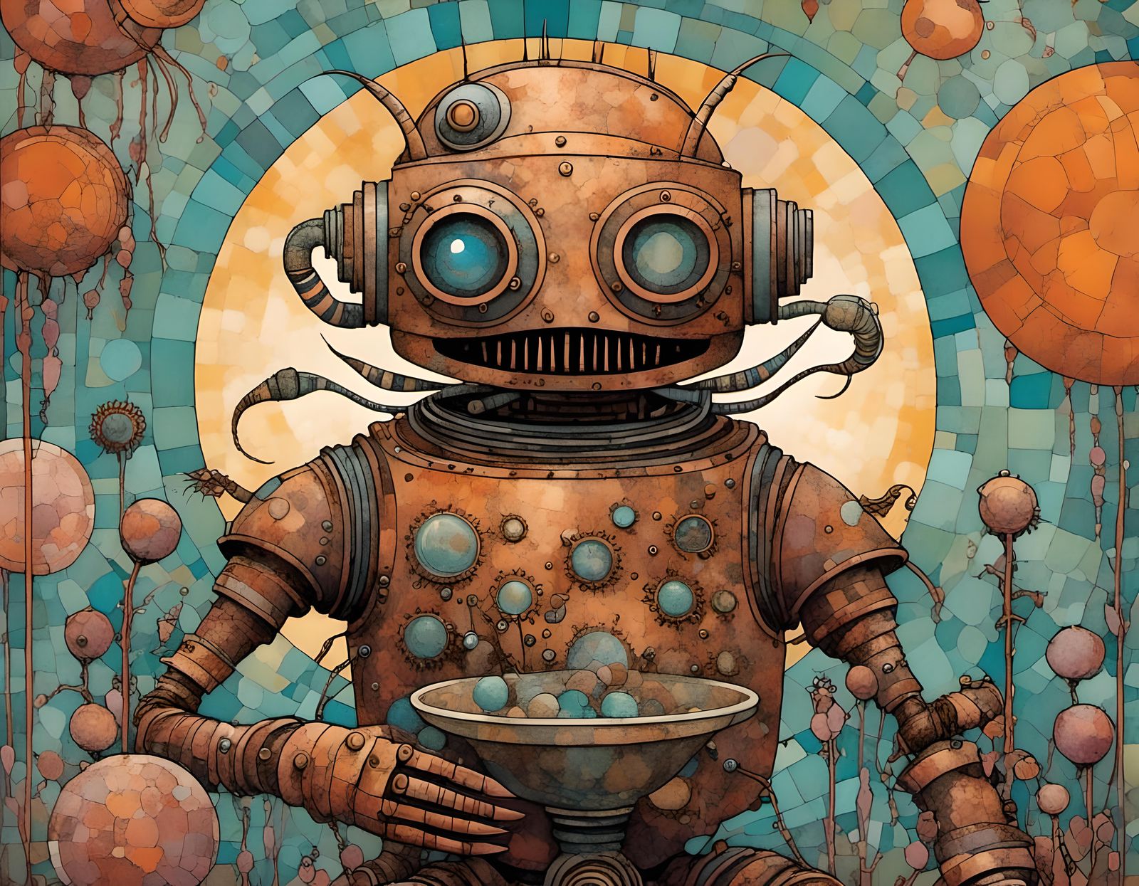 Steampunk Robot and Squid Aliens on Mars