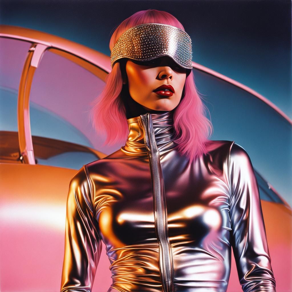 Amused Woman in Glittery Jumpsuit, Sorayama Style