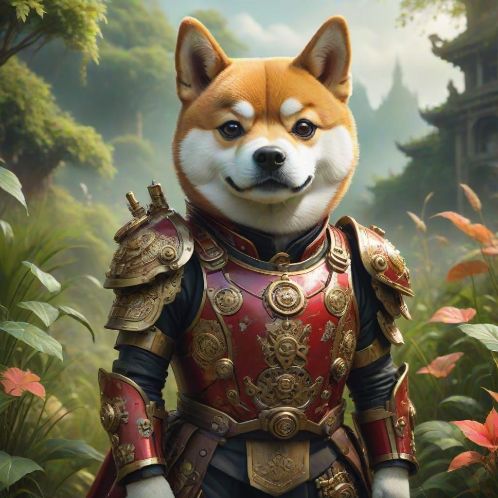 Steampunk Samurai Shiba Inu Amidst Lush Ruins
