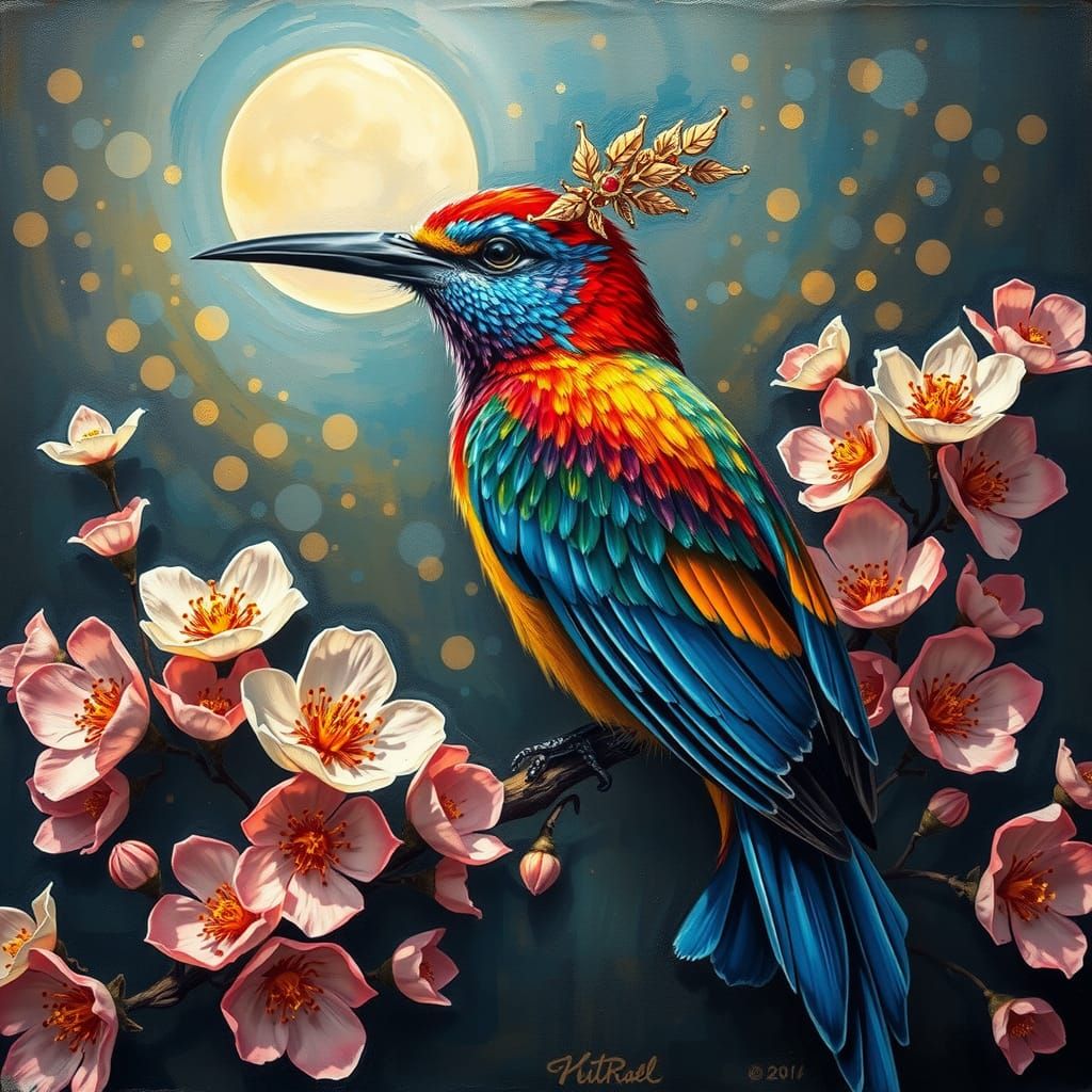Jeweled Bird on Branch: Impasto Gouache Masterpiece