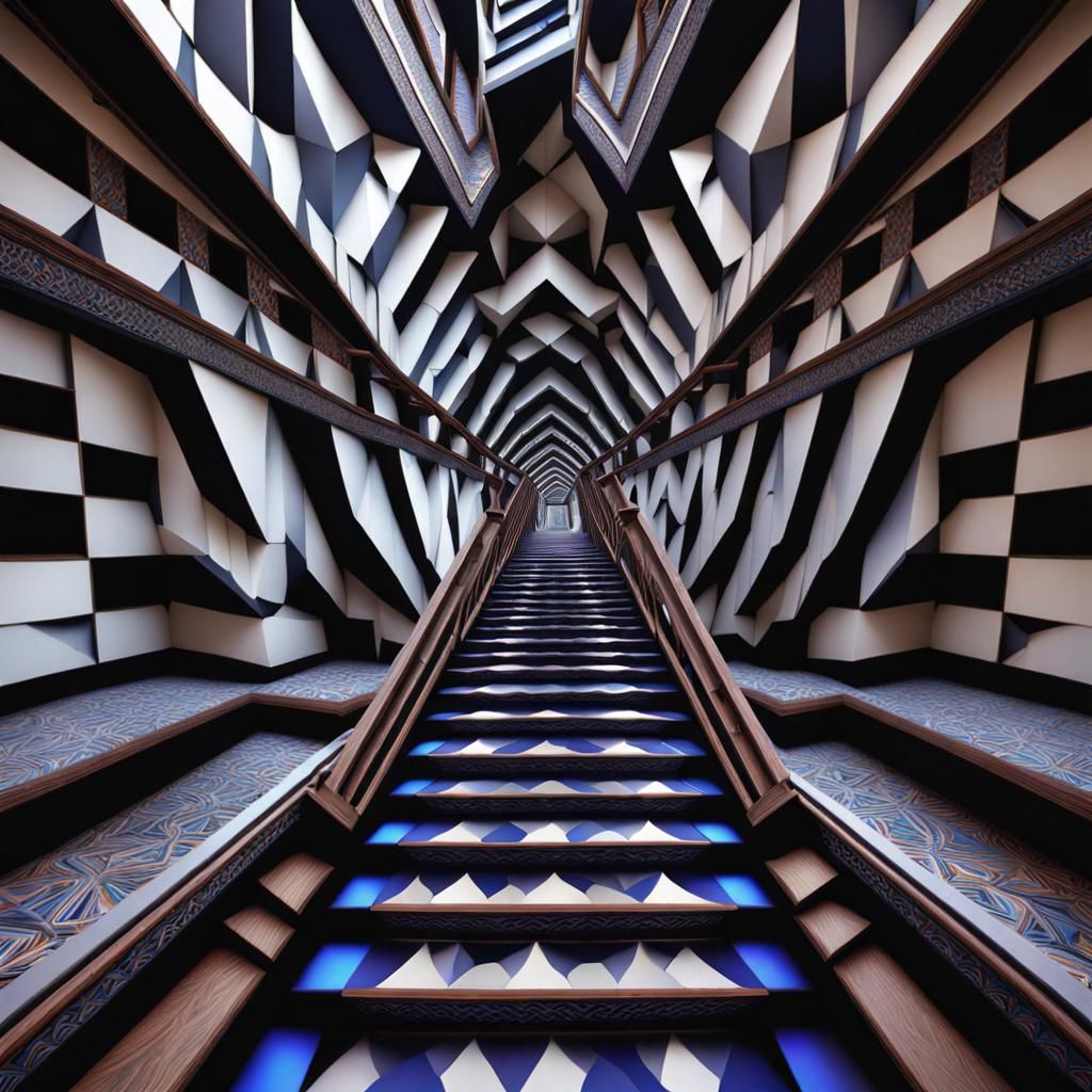 Psychedelic Geometric Staircase Illusion in Trompe-l'oeil St...