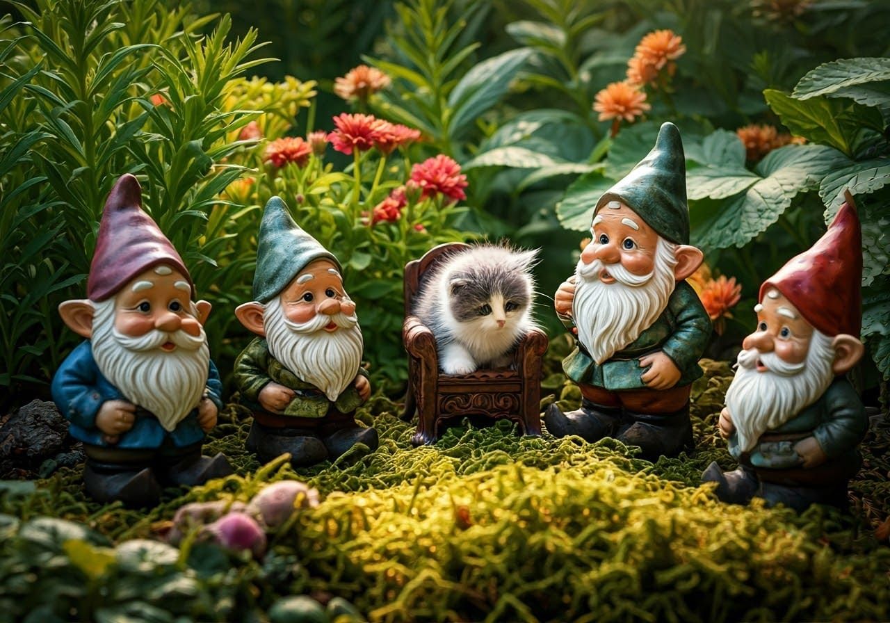Gnomes Adoring Kitten Monarch in Garden Scene
