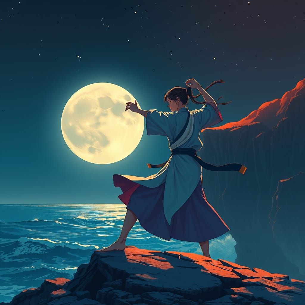 Ninja Practicing Karate Under Moonlight, in Digital Art Styl...