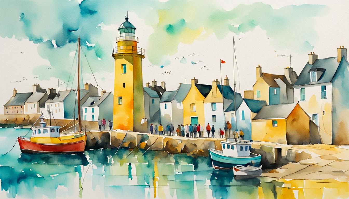Brittany Fishing Port in Yellow and Turquoise Watercolor