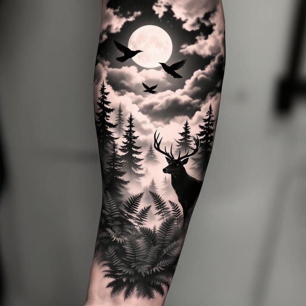 Detailed Pine Forest Sleeve Tattoo in Black and Grey