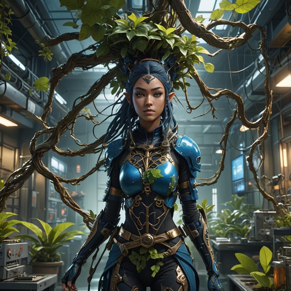 Elf Ninja Warrior in Futuristic Plant Lab