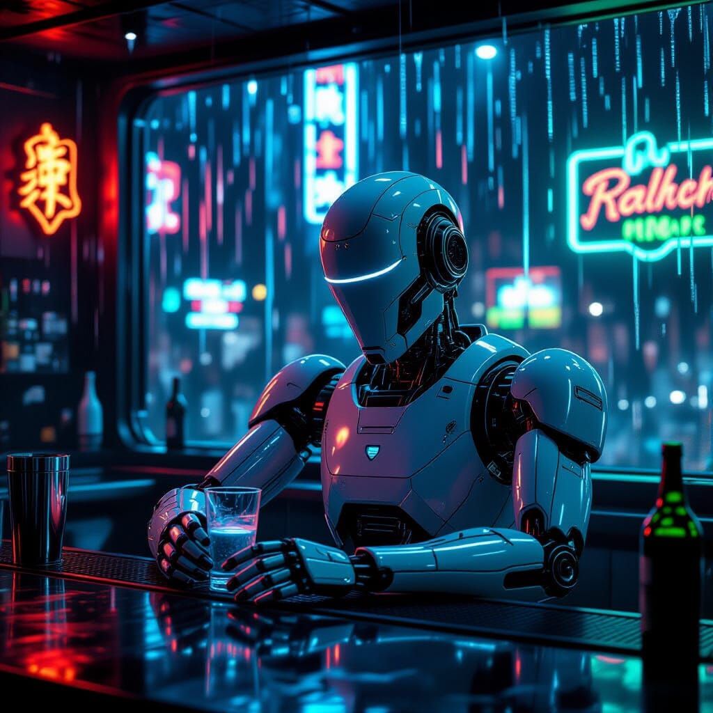 Melancholic Robot Bartender in Futuristic Cyberpunk Bar