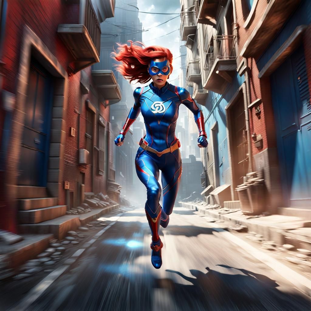 SpeedWoman Runs Through Shadowy Alley in Digital Art