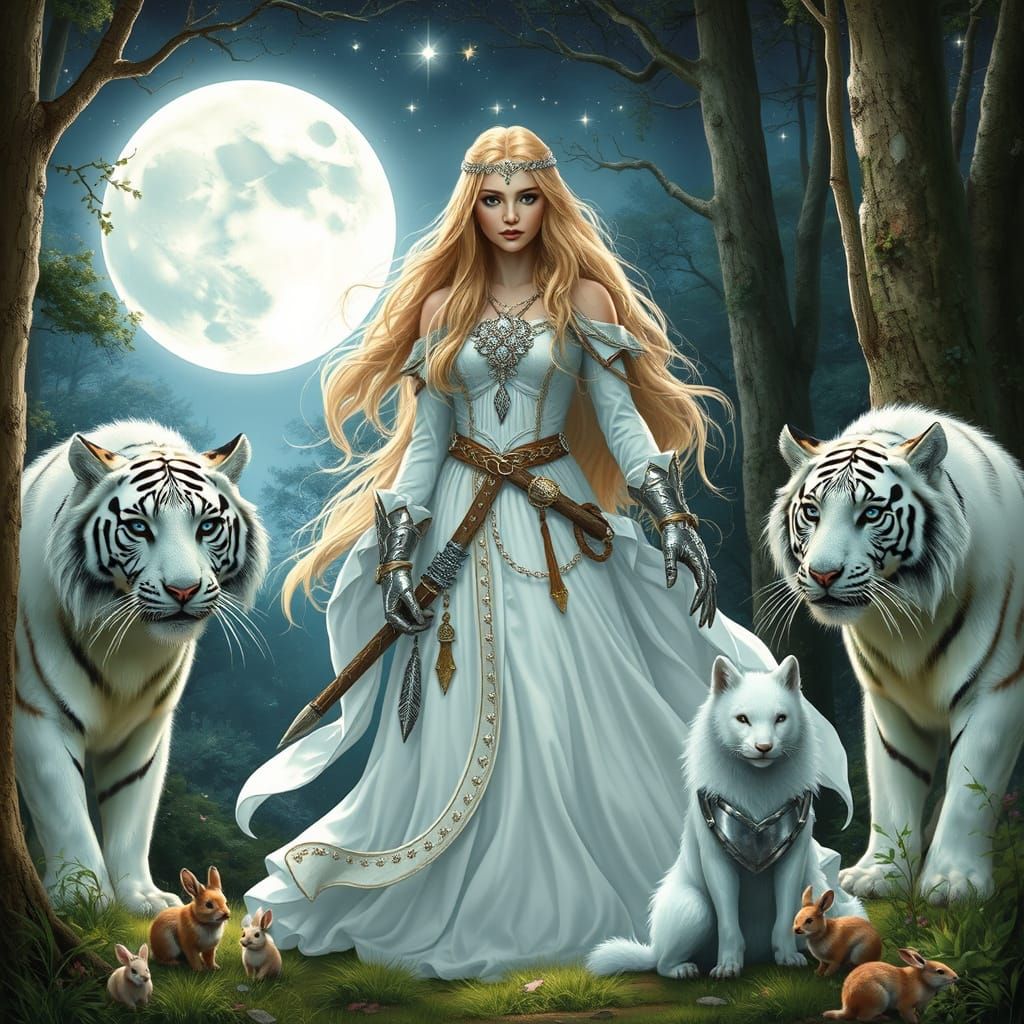 Celtic Princess Warrior Surrounded by Enchanted Forest Creat...