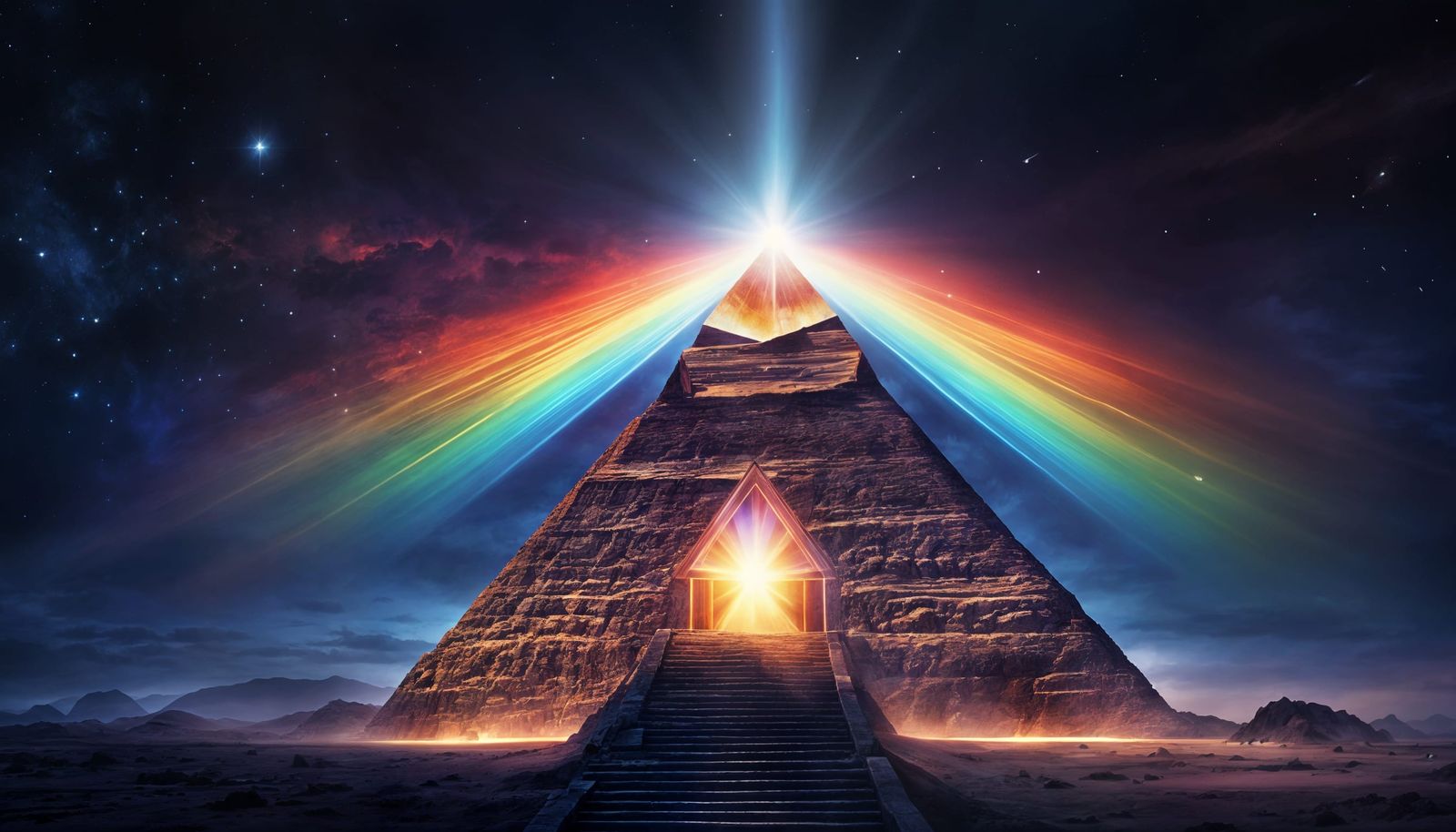 Surreal Crystal Pyramid Illuminated by Golden Light in a Mys...