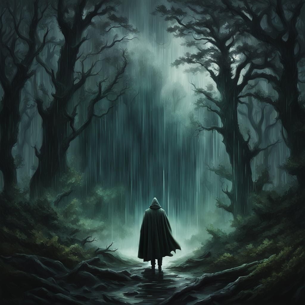 Dark Fantasy Figure in Stormy Forest, Digital Matte Painting