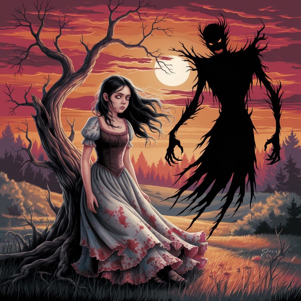 Dark Fairy Tale: Sorrowful Woman Under Sunset