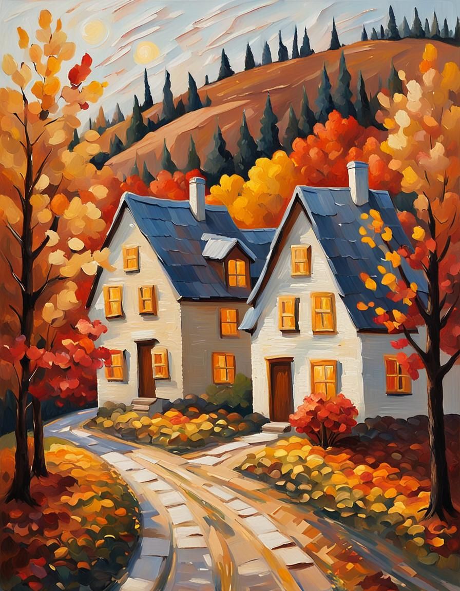 Autumn Village Impasto Painting in Golden Light